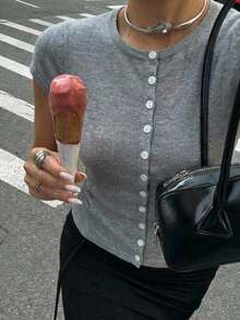 SHEIN EZwear Gray Fitted Knit Cardigan, Versatile For Commuting - Light Grey - View 1