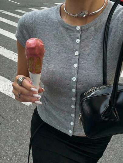 SHEIN EZwear 灰色修身针织开衫，通勤百搭