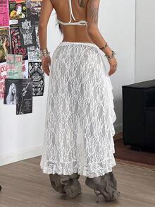 Coolane 女士春夏音乐会服装街头休闲返校Y2K度假装蕾丝吊带荷叶边长款罩裙 - 白色 - 查看 6