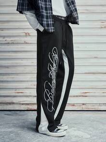 Modcrash Pantalones de chándal acampanados negros con decoración de franja blanca lateral para hombres, cintura elástica con cordón, adecuados para uso casual y streetwear, estilo retro americano, unisex, ajuste relajado para atuendos de verano - adecuados para uso diario y atuendos de vacaciones de verano. - Multicolor - Ver 3