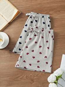 EURMUSE Bộ đồ ngủ nữ bằng cotton 2 mảnh, quần short giả dây rút họa tiết trái tim, đồ mặc nhà thoải mái. - Nhiều màu - Xem 4