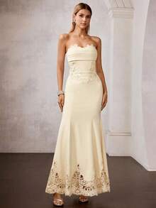 MOTF Soiréza Đầm dạ hội đuôi cá phối ren tương phản dành cho nữ, trang phục dự tiệc trang trọng. - Màu be - Xem 4