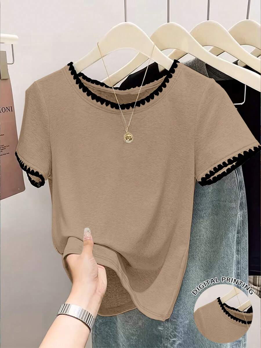 Resyla Áo thun ngắn tay cổ tròn phối màu tương phản dành cho nữ cỡ lớn, thích hợp mặc hàng ngày. - Nhiều màu - Xem 1