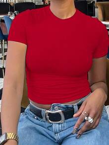 INAWLY Solva Áo thun nữ tay ngắn cổ tròn màu trơn, dáng ôm, phong cách thường ngày - Đỏ - Xem 2