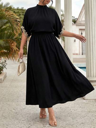 Elenzga Plus Size Women's Elegant Short Sleeve Dress, Stand Collar, Back Tie, Embroidered Cuffs, Solid Color