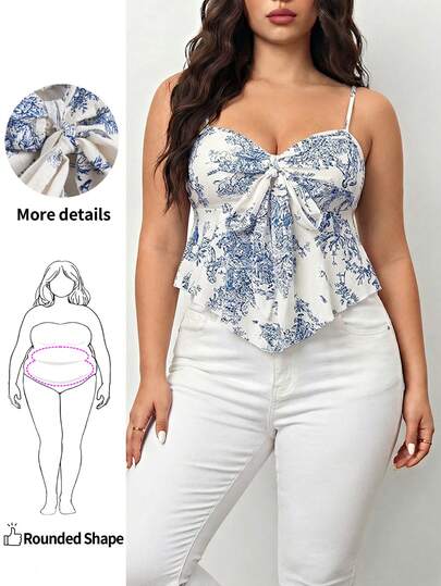 Enliva 大码夏季不对称下摆吊带背心，前部中心系带，弹性后背，纹理面料，印花