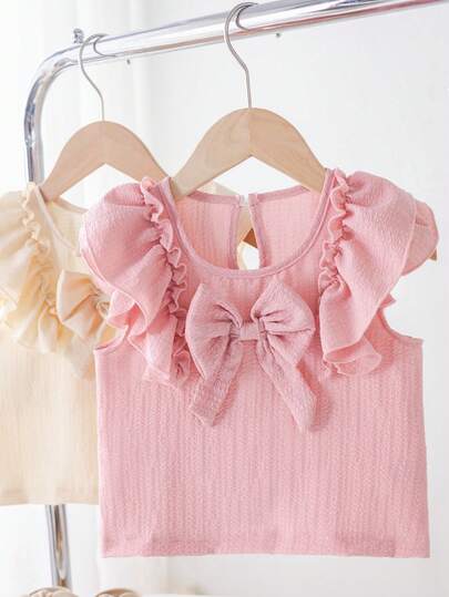 SHEIN 2件装 Genkimix 女童可爱3D蝴蝶结荷叶边双层飘逸袖休闲可爱时尚柔软上衣