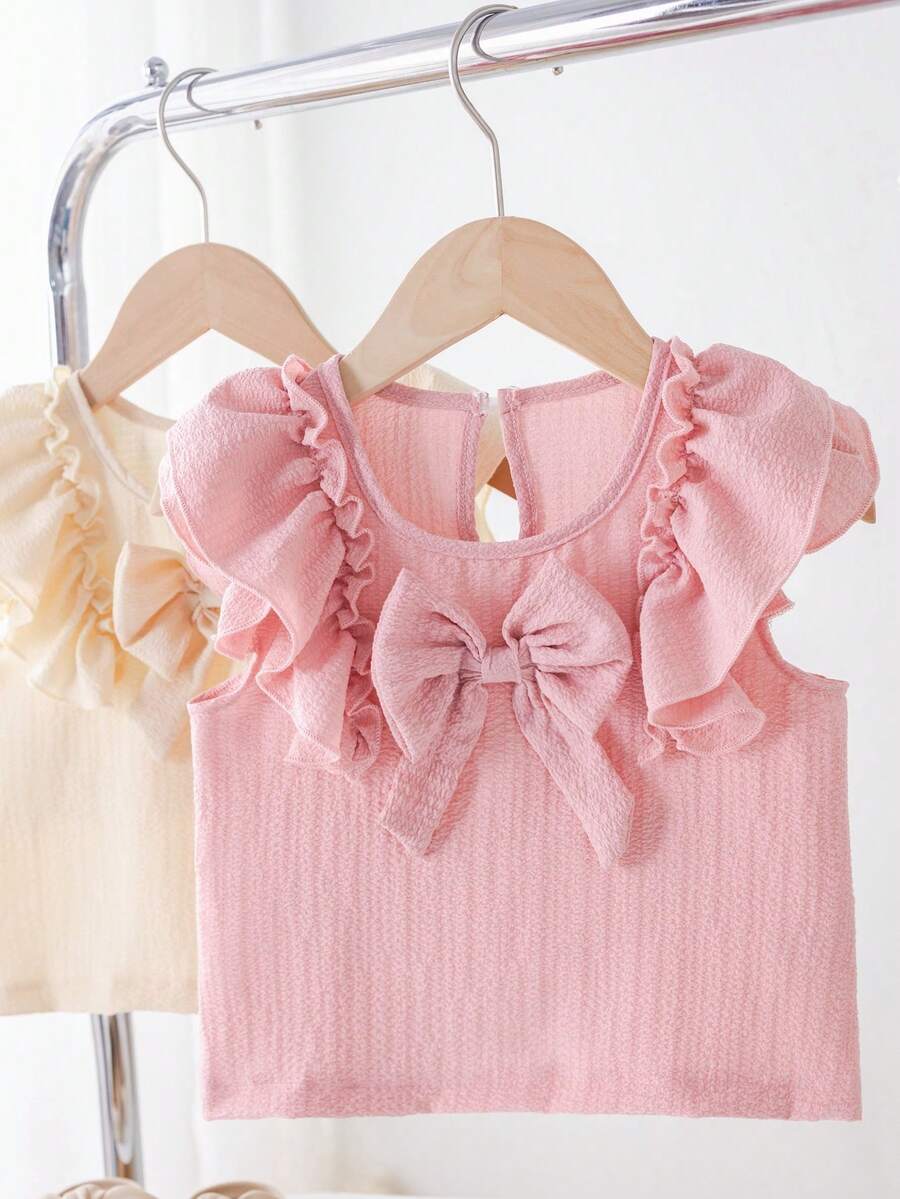 SHEIN 2件装 Genkimix 女童可爱3D蝴蝶结荷叶边双层飘逸袖休闲可爱时尚柔软上衣 - 彩色 - 查看 1