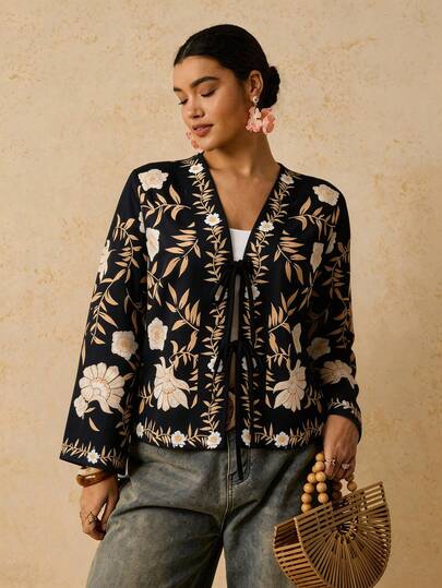 Travachic Plus Size Women Fashion Floral Print Tie Front Long Sleeve Shirt