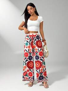 SHEIN PETITE 音乐节度假风女式全长花卉印花度假阔腿裤 - 彩色 - 查看 2