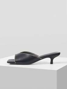 Mnmlis Giày sandal cao gót mũi vuông kiểu Pháp dành cho nữ, gót mỏng, kiểu cổ chữ V, thời trang, dép hở mũi được các ngôi sao mạng ưa chuộng, thích hợp cho mùa hè. - màu đen - Xem 1