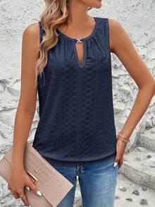 EMERY ROSE Women's Summer Solid Color Laser Cut Embroidery Keyhole Neck Camisole - Navy Blue - View 7