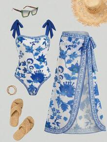 SHEIN Swim Oasis Bộ áo tắm liền thân và váy khoác ngoài in họa tiết hoa dành cho nữ, thích hợp cho kỳ nghỉ hè. - Xanh và trắng - Xem 4