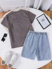 SHEIN 2pcs Tween Boys Casual Versatile Comfortable Round Neck Loose Short Sleeve Knit T-Shirt And Denim Shorts Set, Suitable For Back To School Clothes - Multicolor - View 3