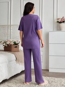 EURMUSE 100%Cotton 2Pcs Plus Cotton Slogan Printed Short Sleeve Shirt And Long Bottom PJ Set - Lilac Purple - View 2
