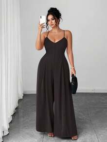 Elenzga Bộ jumpsuit nữ cỡ lớn thanh lịch, trang nhã cho mùa xuân/hè với dây cài nút, eo xếp ly, ống rộng và quần dài. - màu nâu - Xem 5
