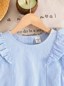 SHEIN LMoss Kids 少女两件套：休闲舒适蓝白条纹圆领荷叶边上衣和裤子 - 藍色 - 查看 4