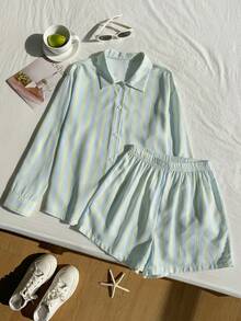 SHEIN Women's 2pcs Casual Striped Shirt & Shorts Set,Long Sleeve Turn-Down Collar Button Up Top,Loose Fit Outfit For Autumn,Cute Holiday Back-To-School - Multicolor - View 6