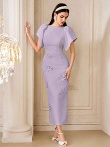 Modelyn 女士纯色3D立体花卉装饰修身优雅连衣裙 - 紫色 - 查看 3