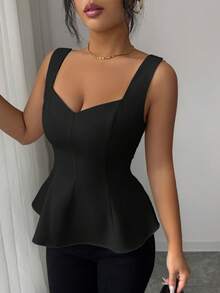 SHEIN Elenzya 女士甜心领前开衩腰部A字无袖吊带背心，优雅复古法式风格，适合通勤、商务、度假、休闲等多种场合，春夏新款女式上衣，优雅高贵的女士束身胸衣，性感女士上衣 - 黑色 - 查看 4