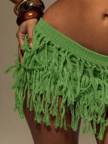 MUSERA Knitted Layered Fray Mini Skirt Summer, Vacation, Festival, Y2k Ibiza Beach Holiday Rave Night Out Winter Date Night Winter Chic Spring Carnival Vacation - Olive Green - View 5