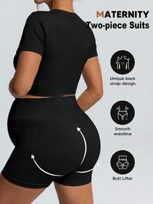 SHEIN Pregnant Women's Solid Color Round Neck Cropped Sports Short Sleeve T-Shirt And Shorts Set, Summer,Word Cup - Black - View 2