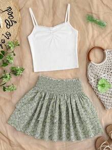SHEIN 青少女休閒舒適背心上衣和花朵裙子連身套裝 - 白色 - 查看 4