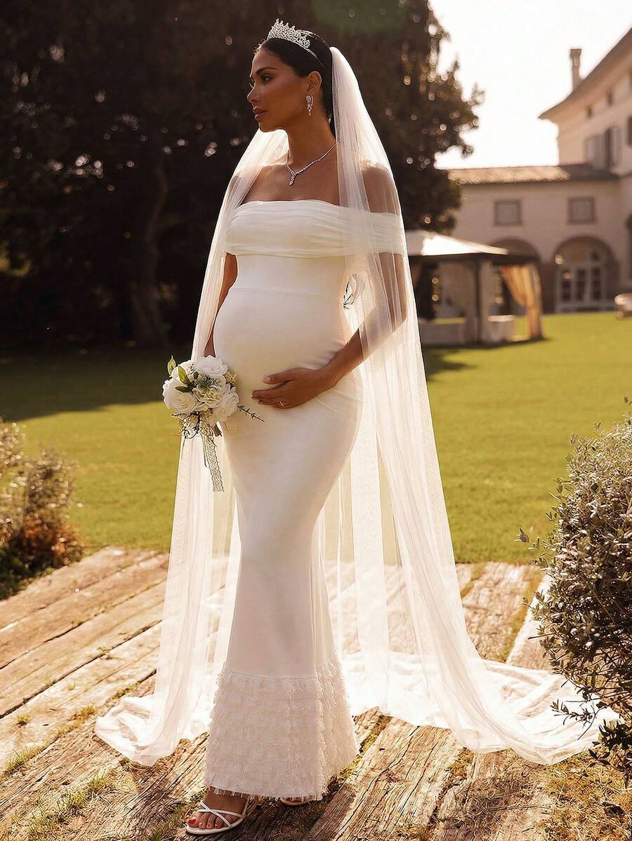 SHEIN 孕妇纯色褶皱露肩鱼尾下摆修身优雅连衣裙 - 白色 - 查看 1