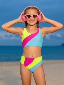 Emery Rose Kids Emery Rose Kids 少女针织撞色泳衣上衣和短裤两件套 - 藍白色 - 查看 11