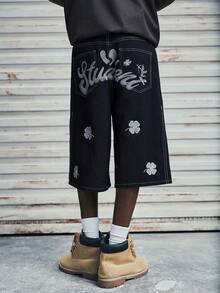 Modcrash GlobeSwift Men's Clover Embroidery Loose Straight Leg Casual Hiphop Bermuda Denim Shorts - Black - View 2