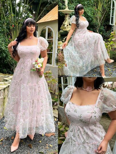 Lyrianda Plus Size Casual Jacquard Dress, Princess Style Three-Tier Skirt Casual Dress