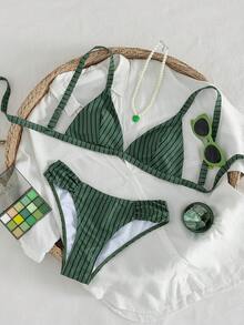 SHEIN Swim 女士复古深绿色条纹宽肩带三角杯比基尼，舒适支撑，简约奢华感，度假泳池沙滩泳装套装 - 彩色 - 查看 3