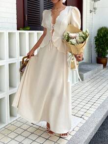 SHEIN Frenchy 优雅休闲通勤花瓣袖连衣裙 - 杏色 - 查看 4