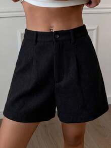DAZY Women's Solid Color Casual Loose Fit Wool Blend Shorts, Autumn/Winter - Black - View 9