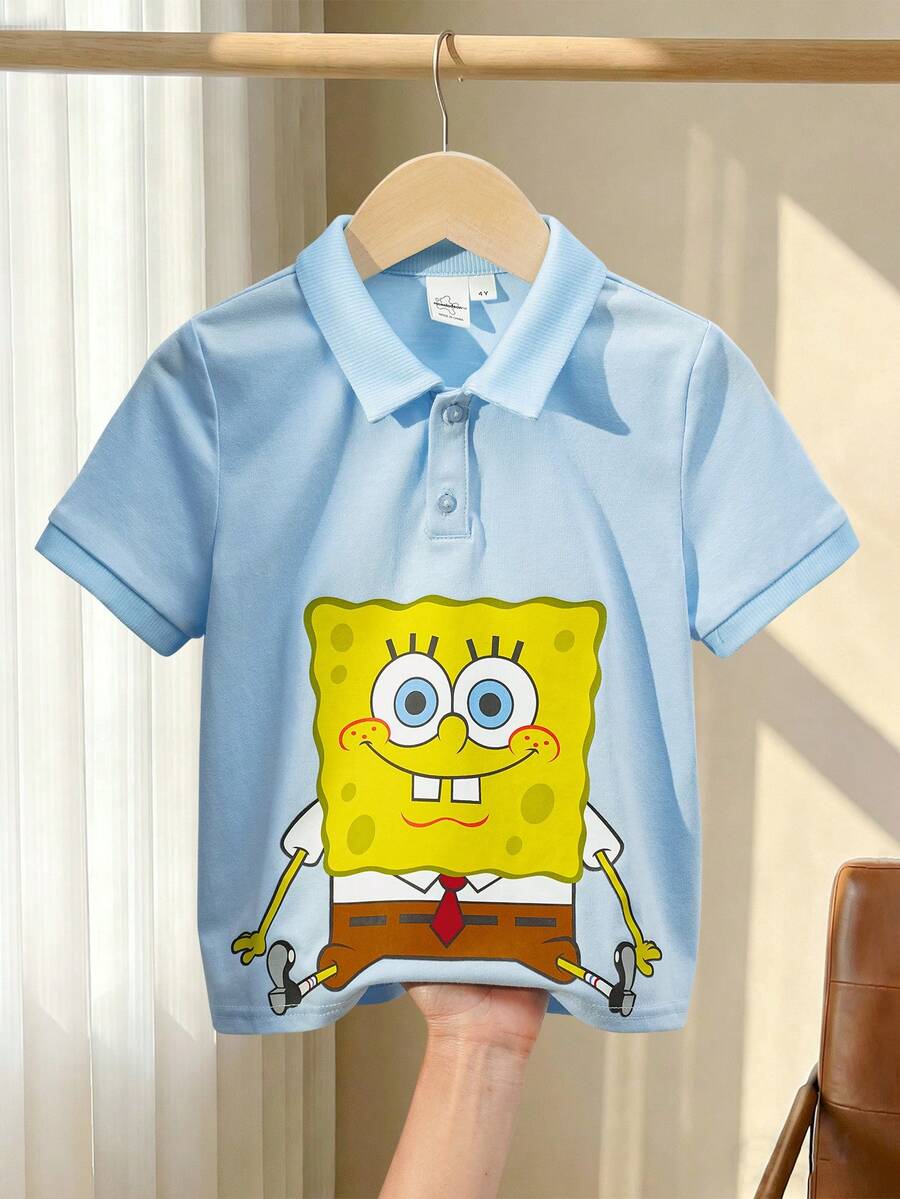 SpongeBob SquarePants | SHEIN 男童卡通印花T恤 - 藍色 - 查看 1
