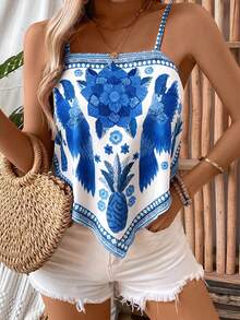 SHEIN LUNE Women's Casual Loose Plant Printed Camisole - Blue - View 6