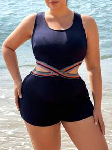 Swim SPRTY 大码女士连体泳衣，彩色肩带拼接纹理面料，适合海滩、度假村、游泳池、冲浪等场合。 - 藏蓝色 - 查看 1