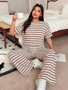 SHEIN EZwear Plus Size Brown Striped T-Shirt And Pants Casual 2 Pieces Set, Summer - Red - View 3