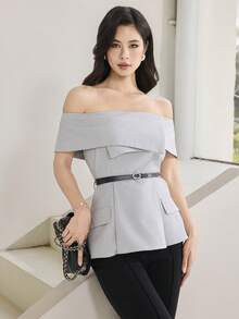 Heiryn Áo kiểu trễ vai thanh lịch có thắt lưng, thích hợp cho công sở. - Xám - Xem 4