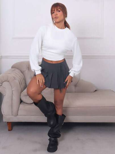 Hariany Almeida Women Fall/Winter Back To School Basic Solid Color Pleated Asymmetrical Neck Long Sleeve Pullover Sweatshirt Lantern Sleeve Top