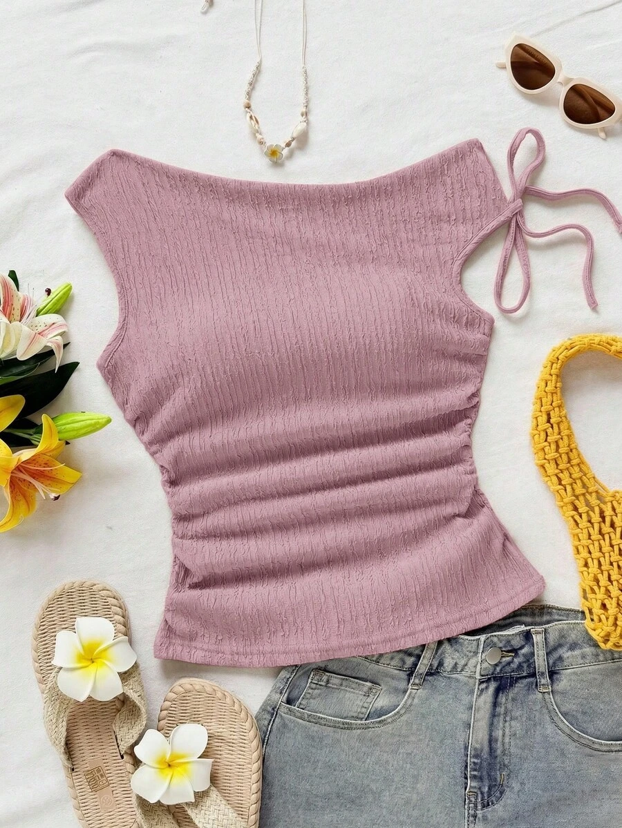 Soleia 女士度假杏色针织泡泡纹理面料不对称肩部系带修身上衣，适合派对、约会、城市街头、公路旅行、夏季海滩度假等场合。 - 粉色 - 查看 1