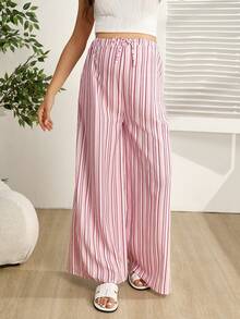 SHEIN Maternity Drawstring Waist Striped Casual Versatile Loose Leg Pants For Daily Wear - Pink - View 3