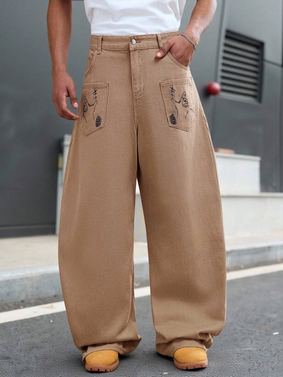 GALLERY FADE Men's Casual Jeans With Pockets, Curved Leg Design - Brown - View 1