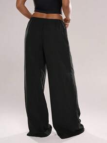Women's Solid Color Casual Everyday Pants With Drawstring Waist - Black - View 3