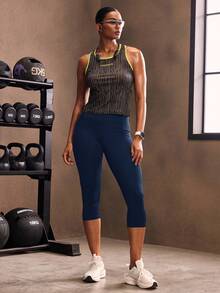 Powerista Solid Color High Waist Fitted Pocket Leggings - Navy Blue - View 7