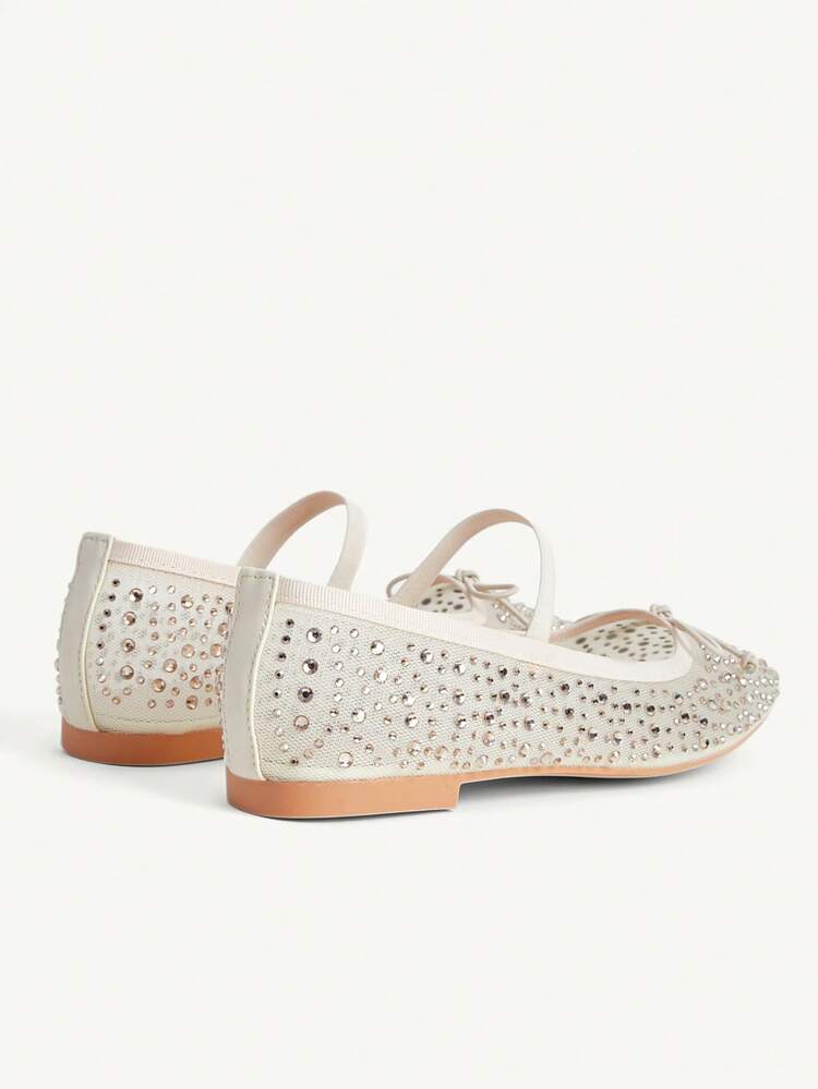 CUCCOO CHICEST Women Shoes Spring And Summer Fashion Beige Full Diamond Mesh Yarn Small Bow Elastic Band Women's Flat Shoes Elegant Comfortable Breathable Cute Sweet Mary Jane Flat Women's Shoes