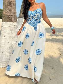 Sunnyshic 大码编织吊带固定印花腰部连衣裙 女士度假套装 女士夏季连衣裙 度假装 女士度假连衣裙 女士长款连衣裙 女士沙滩装 女士连衣裙 女士度假连衣裙 女士波西米亚风连衣裙 女士波西米亚连衣裙 - 藍色 - 查看 3