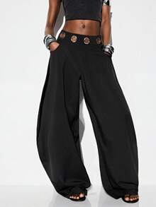 Aveloria GENKIRA Pantalones harem con volantes, decoración de cinturón metálico plateado de gran tamaño en los ojos, estilo de vanguardia mixto de uso casual, para ir al trabajo, fiesta - Negro - Ver 4