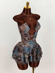 Amplova Bộ jumpsuit nữ in họa tiết toàn thân, khoét lưng, gợi cảm, không tay, kiểu yếm chéo, thắt eo, họa tiết da báo, thích hợp cho kỳ nghỉ biển, phong cách boho dễ thương. - Màu xanh lam - Xem 9