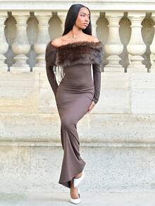 Mima John 女士毛绒露肩长袖修身优雅连衣裙 - 棕色 - 查看 5